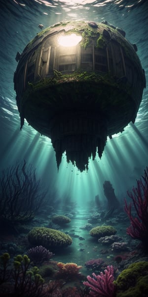 single shot of big round mothership fallen on earth, covered by algae, crashed, damaged, rusty, abandoned, deep underwater, ((best quality)), ((masterpiece)), ((beautiful landscape)), soft light, hdr, intricate, highly detailed, sharp focus, insane details, intricate details, low contrast, soft light