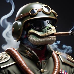 anthropomorphic snake wtih military helmet, smoking a cigar. RAW, analog, Nikon Z 85mm, award winning glamour photograph,((best quality)), ((masterpiece)), ((realistic)), intricate details, smoke, highly detailed, sharp focus, professional, 4k, god rays,highres, high detail, sharp focus, smooth, aesthetic, extremely detailed, photo_\(ultra\), photorealistic, realistic, post-processing, max detail, roughness, real life, ultra realistic, photorealism, photography, 8k uhd