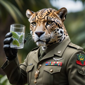 large and ferocious anthropomorphic jaguar with [jaguar head] wearing military clothes of Brazil, holding a glass of water. RAW, analog, Nikon Z 85mm, award winning glamour photograph,((best quality)), ((masterpiece)), ((realistic)), intricate details, highly detailed, sharp focus, professional, 4k, god rays,highres, high detail, sharp focus, smooth, aesthetic, extremely detailed, photo_\(ultra\), photorealistic, realistic, post-processing, max detail, roughness, real life, ultra realistic, photorealism, photography, 8k uhd