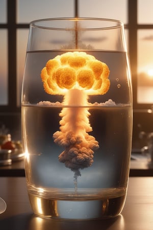 A super realistic 4K rendering of a very tiny ultra-realistic hydrogen bomb explosion inside a glass of water, kitchen table, glowing mushroom cloud, shock wave emanating, visible shock wave, golden hour, parrticles, photo-realistic, hyper-detailed, hyper-realism, 3D render, director's cut, 512,000k