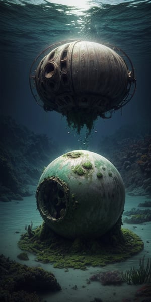 single shot of big spherical mothership fallen on earth, half covered by algae, crashed, damaged, rusty, abandoned, deep underwater, ((best quality)), ((masterpiece)), ((beautiful landscape)), soft light, hdr, intricate, highly detailed, sharp focus, insane details, intricate details, low contrast, soft light