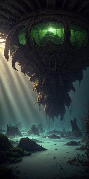 single shot of big spherical mothership fallen on earth, half covered by algae, crashed, damaged, rusty, abandoned, deep underwater, ((best quality)), ((masterpiece)), ((beautiful landscape)), soft light, hdr, intricate, highly detailed, sharp focus, insane details, intricate details, low contrast, soft light