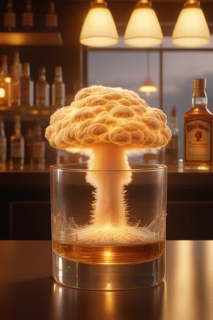 A super realistic 4K rendering of a very tiny ultra-realistic hydrogen bomb explosion inside a glass of whisky, bar counter, glowing mushroom cloud, shock wave emanating, visible shock wave, golden hour, parrticles, photo-realistic, hyper-detailed, hyper-realism, 3D render, director's cut, 512,000k