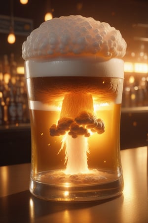 A super realistic 4K rendering of a very tiny ultra-realistic hydrogen bomb explosion inside a glass of beer, bar counter, glowing mushroom cloud, shock wave emanating, visible shock wave, golden hour, parrticles, photo-realistic, hyper-detailed, hyper-realism, 3D render, director's cut, 512,000k