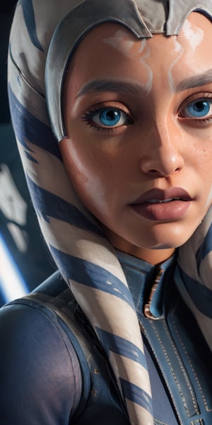 photorealistic stunningly beautiful dynamic [close-up shot], action pose, 1girl, solo, (blue eyes), ((colored orange skin)), arm tattoos, ahsokatano, extremely detailed eyes, realistic eyeballs, detailed symmetric realistic face, symmetric eyeballs, small eyeballs, natural orange skin texture, extremely detailed orange skin, with skin pores, peach fuzz, small freckles, small lips, delicate face, wearing armor, tight shorts, boots, gloves, (lightsaber), (spaceship neon background), masterpiece, absurdres, award winning photo by Steven Meisel, extremely detailed, amazing, fine detail, rich colors, hyper realistic lifelike texture, natural shadow, unreal engine, trending on artstation, photo realistic, RAW photo, high quality, highres, sharp focus, cinematic lighting, 8k, clean composition, strong details, beautiful colors, style raw