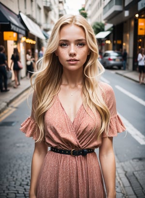 professional portrait photograph of a gorgeous Norwegian girl in summer clothing with long wavy blonde hair, sultry flirty look, freckles, gorgeous symmetrical face, cute natural makeup, wearing elegant summeer dress, standing outside in São Paulo city street