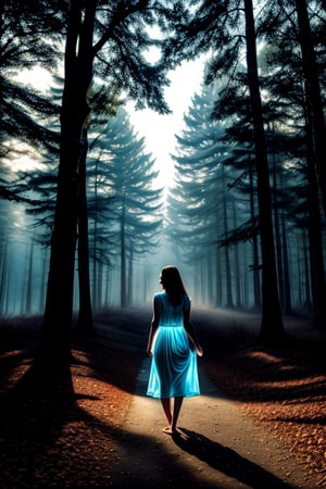 A silouette of a lady filled with a scene of forest during autumn wearing long light blue silky dress walking barefoot,realistic ray of lights shine through the body,dusk,strong wind,look at the front of camera while holding a transparent cup of tea, eerie ambient of surrounding, ultra realistic background,blurry_light_background