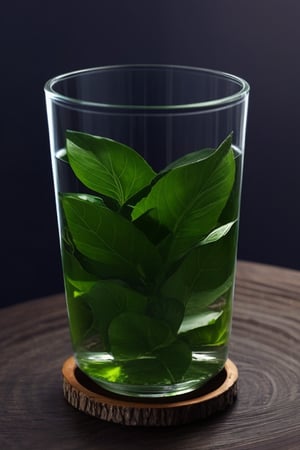 A round transparent glass::1 tea water:: tea leaves inside water::small spoon inside the glass::alumunium glass::0.3, on a round wood table
