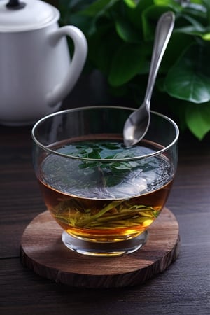 A round super realistic transparent glass:2::ultra realistic glass texture::realistic brown water:1::small realistic tea leaves inside water:0.4::brown, realistic spoon inside the glass::stainless material spoon, on a round wood table,KnollingCaseQuiron style