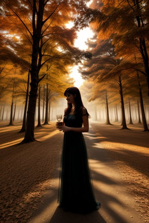 A silouette of a lady filled with a scene of forest during autumn wearing long dress look at the camera,dusk,strong wind blowing the dress, starring at the camera while holding a transparent cup of tea, eerie ambient of surrounding, ultra realistic background,blurry_light_background