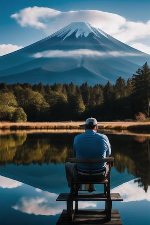 Middle age man, fishing in a pond,sit on a wood chair, fuji mountain background, blue shirt,high contrast,realistic water, realistic mountain, fluffy clouds