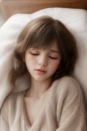 A portrait photo of {{a girl with bushy hair laying down under the bed sheet on a silky bed }}, bushy hairr, {wearing long oversized grey knitted sweater}, [sheer fabric panties], closed eyes, realistic hair, 8k, hdr, award winning photography, warm ambient, sharp light ,open chest sweater, vivid balanced color