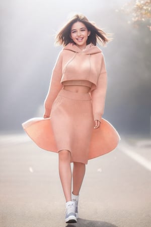Short hair, (huge laughing), tilt head, strong wind,  light particles, ear covered by hair, cute face expressions,simple background,blurred background, strong light rays from top right, full body, natural boobs,perfect eyes, small nose, sharp jaw,realistic hands, small waist body,wearing hooded sweater, peach petals flying,simple background,blurred background,open chest sweater,Detailedface