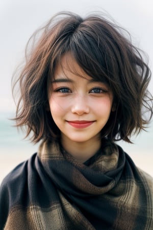 Short hair, (sweet smile), tilt head, strong wind,  light particles, ear covered by hair, dimple cheek, simple background,blurred background, light rays, portrait, perfect eyes, small nose, sharp jaw,perfect eyes,Detailedface