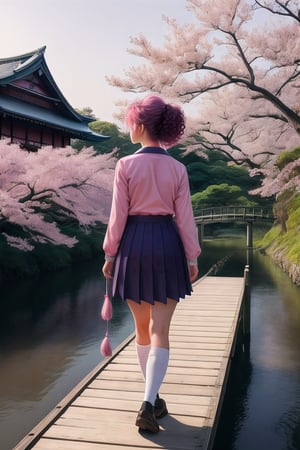 30 yo girl, japan school uniform,purple curly hair, look at the camera,long_ponytail, standing on a wood bridge,curved bridge, hyper realistic river, peach tree, flying pink petals, realistic shadows,high contrast, ray of lights, muted colors,firefly