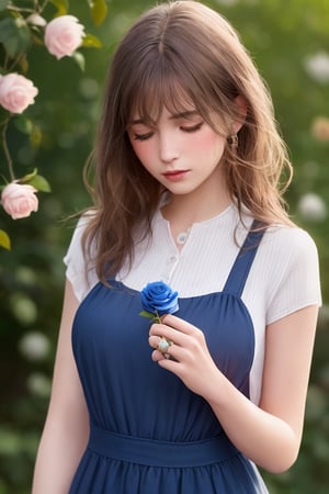 A medium shot photo of {{a girl with long brown cloudy hair wearing blue elegant suspender dress}}, realistic skin textures, realistic hand and fingers, realistic hair, 8k, holding a single blue petal rose, forrest of roses background, blurred background