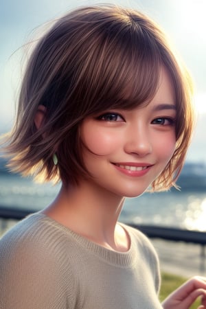 Short hair, (sweet smile), tilt head, strong wind,  light particles, ear covered by hair, dimple cheek, simple background,blurred background, light rays, portrait, perfect eyes, small nose, sharp jaw,perfecteyes