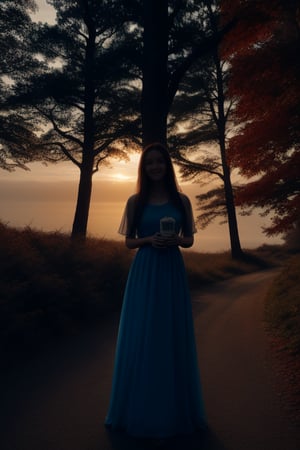 A silouette of a lady filled with a scene of forest during autumn wearing long dress look at the camera,dusk,strong wind blowing the dress, starring at the camera while holding a transparent cup of tea, eerie ambient of surrounding, ultra realistic background