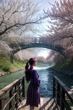 30 yo girl, light_purple_eyes,purple curly hair, long_ponytail, standing on a wood bridge,curved bridge, hyper realistic river, peach trees, realistic shadows,high contrast, ray of lights, muted colors,fireflys
