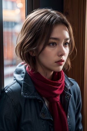Portrait of a girl looking out the window made from wood, realistic short brown hair, raining outside the window, realistic eyes reflection, (dark blue eyes), red scarf wrap around the neck, golden ray of lights