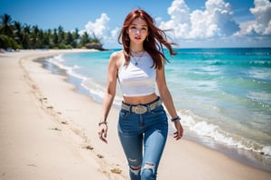 an ultra-realistic image walking towards us on a beach like the Maldives red hair with detailed muscles blue eyes top naked under jeans and a belt attached to jeans belt at the waist a square silver belt from a highly detailed crushed chain