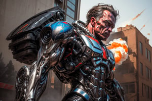 (8k, 3D, UHD, highly detailed, masterpiece, professional oil painting) A hybrid of TERMINATOR  ARNOLD SCHWARZENEGGER • Intricately detailed, intricate complexity, 8k resolution, octane render, hdr+, photoreal, hyperreal, masterpiece, bodybuilder anatomy

add explosion and the thunderbolts in the background

,mecha musume