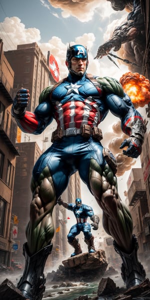 (8k, 3D, UHD, highly detailed, masterpiece, professional oil painting) A hybrid of Captain America and the Hulk • Intricately detailed, intricate complexity, 8k resolution, octane render, hdr+, photoreal, hyperreal, masterpiece, bodybuilder anatomy

add explosion and the thunderbolts in the background

,mecha musume