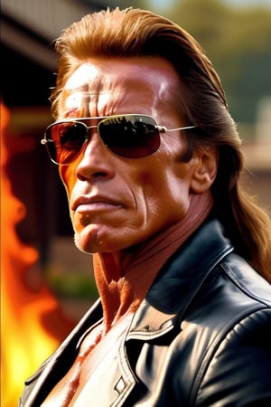 fire in motocycle ,  harley davidson on the muscularnaked man  terminator type arnold schwarzenegger driver detiled face cool sun glasses