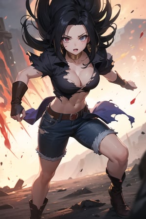 Caulifla fighting, (masterpiece, best quality:1.1), ghibli style, solo_female, beautiful face and eyes, 8k, best quality, high quality, Highest picture quality, (Detailed eyes description),(full_body),  Highres, best quality, extremely detailed, area lighting in background, 1girl, fiery eyes, overlooking an army, horror style, area lighting in background, (torn clothes:1.2), blood, blood splatter, night, Caulifla outfit, Caulifla hair,