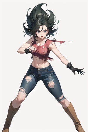 Caulifla fighting, (masterpiece, best quality:1.1), ghibli style, solo_female, beautiful face and eyes, 8k, best quality, high quality, Highest picture quality, (Detailed eyes description),(full_body),  Highres, best quality, extremely detailed, area lighting in background, 1girl, fiery eyes, overlooking an army, horror style, area lighting in background, (torn clothes:1.5), blood, blood splatter, night, leggeans, sleeveless pink top, flat_chest, pink nips,