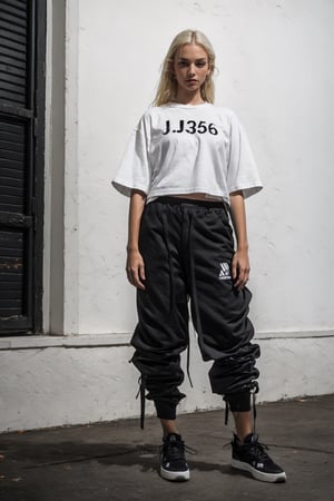 1girl, young white girl, hot top model, long blonde hair, wearing a white oversize t shirt (t shirt only white color) and Acronym J36-S black pants and Acronym P30A-DS and black and white sneakers, in city, instagram model, 80mm,urban techwear,weapon,perfecteyes