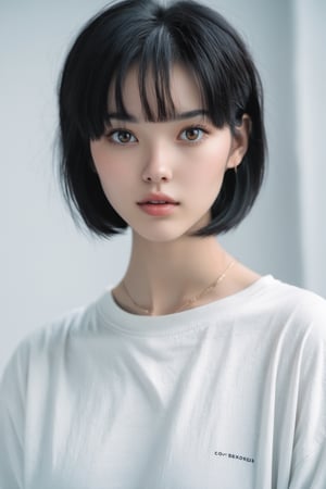 female focus, black hair, white oversize t-shirt, solo focus, upper body, short hair, 1girl