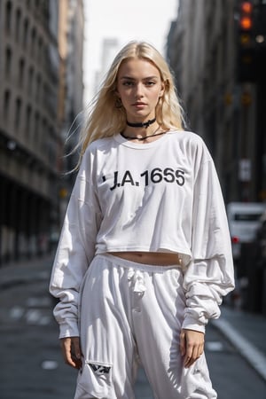 1girl, young white girl, hot top model, long blonde hair, wearing a white long oversize t shirt (t shirt only white color) and Acronym J36-S black pants and Acronym P30A-DS and black and white sneakers, in city, instagram model, 80mm,urban techwear,blurry_light_background,tattoo,nipple piercing