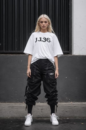 1girl, young white girl, hot top model, long blonde hair, wearing a white oversize t shirt (t shirt only white color) and Acronym J36-S black pants and Acronym P30A-DS and black and white sneakers, in city, instagram model, 80mm,urban techwear,weapon