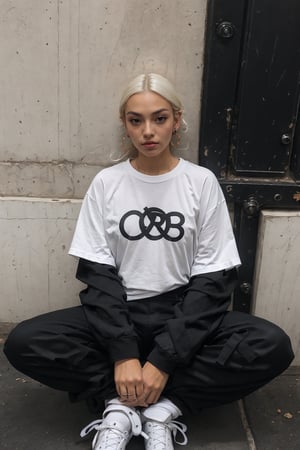 1girl, young pretty white girl, hot top model, long blonde hair, wearing a white oversize t shirt (t shirt only white color) and Acronym J36-S black pants and Acronym P30A-DS and black and white sneakers, piercings, in city, (((sitting near a wall))), (((looking down at the camera))), (((top view))), instagram model, 80mm,urban techwear,weapon