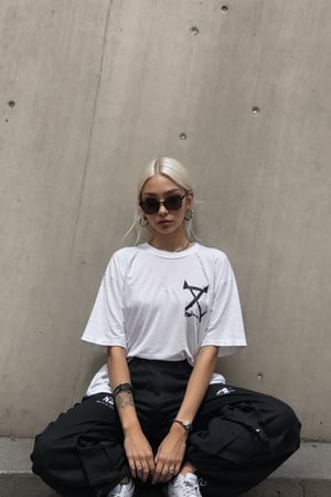 1girl, young pretty white girl, hot top model, long blonde hair, wearing a white oversize t shirt (t shirt only white color) and Acronym J36-S black pants and Acronym P30A-DS and black and white sneakers, piercings, in city, (((sitting near a wall))), looking down at the camera, instagram model, 80mm,urban techwear,weapon