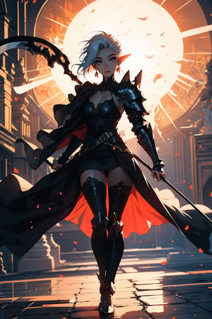 ((Masterpiece, best quality, ultra-detailed)), (detailed background), (pretty face), One female elf, beautiful sun light shining down on her, bright yellow eyes, light peach color skin, white_hair, straight_hair, hair passing waist, armor shoulder plates, chest armor plates slightly revealing cleavage, legs armor plates slightly revealing legs, one magical staff, full body stance, depth of view, (best shadow, best gray shader, ultra detailed), (detailed background), (beautiful detailed face, beautiful detailed eyes), High contrast, (best illumination, an extremely delicate and beautiful), perfectly holding a scythe, magical aura around scythe 