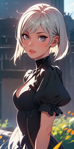 (best quality, masterpiece), 1girl, looking at viewer, blurry background, upper body, contemporary, dress,perfecteyes,milfication,yorha no. 2 type b