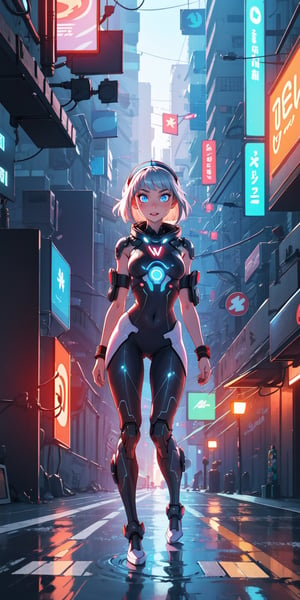 ((masterpiece)), best quality, 8k, high quality, high resolution, super detailed, ultra detailed, photorealistic, beautiful and finely detailed face and eyes, ultra detailed and detailed skin texture, expressive eyes, perfect face, 1 girl, sleek silver hair, (cybernetic enhancements), neon blue eyes, augmented reality visor, form-fitting bodysuit, (holographic wristband), bionic arm, standing in a futuristic cityscape, confident expression, night, neon-lit metropolis, hovering vehicles, futuristic vibe, (glowing billboards), (electronic music), since twilight, Nova, augmented eyes, "Blade Runner" inspired background.