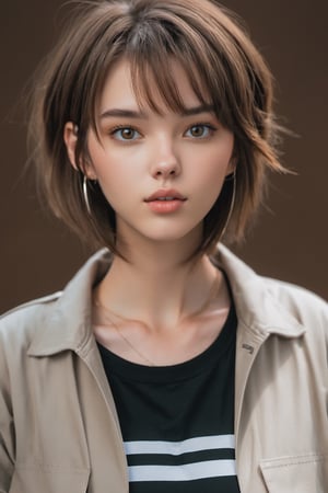 female focus, brown hair, t-shirt, solo focus, upper body, jacket, closed mouth, short hair, 1girl