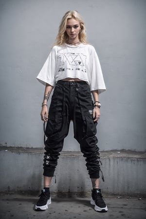 1girl, young white girl, hot top model, long blonde hair, wearing a white oversize t shirt (t shirt only white color) and Acronym J36-S black pants and Acronym P30A-DS and black and white sneakers, in city, instagram model, 80mm, (((view bellow))), urban techwear,midjourney