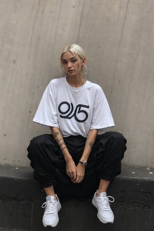 1girl, young pretty white girl, hot top model, long blonde hair, wearing a white oversize t shirt (t shirt only white color) and Acronym J36-S black pants and Acronym P30A-DS and black and white sneakers, piercings, in city, (((sitting near a wall))), instagram model, 80mm,urban techwear,weapon