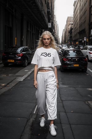 1girl, young white girl, hot top model, long blonde hair, wearing a white oversize t shirt (t shirt only white color) and Acronym J36-S black pants and Acronym P30A-DS and black and white sneakers, in city, instagram model, 80mm,urban techwear,weapon,perfecteyes