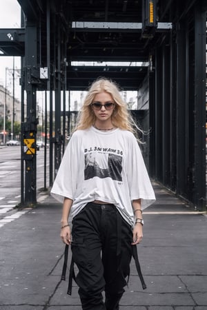 1girl, young white girl, hot top model, long blonde hair, wearing a white oversize t shirt (t shirt only white color) and Acronym J36-S black pants and Acronym P30A-DS and black and white sneakers, in city, instagram model, 80mm, (((view bellow))), urban techwear,midjourney