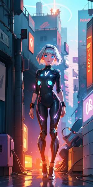 ((masterpiece)), best quality, 8k, high quality, high resolution, super detailed, ultra detailed, photorealistic, beautiful and finely detailed face and eyes, ultra detailed and detailed skin texture, expressive eyes, perfect face, 1 girl, sleek silver hair, (cybernetic enhancements), neon blue eyes, augmented reality visor, form-fitting bodysuit, (holographic wristband), bionic arm, standing in a futuristic cityscape, confident expression, night, neon-lit metropolis, hovering vehicles, futuristic vibe, (glowing billboards), (electronic music), since twilight, Nova, augmented eyes, "Blade Runner" inspired background.