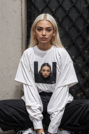 1girl, young pretty white girl, hot top model, long blonde hair, wearing a white oversize t shirt (t shirt only white color) and Acronym J36-S black pants and Acronym P30A-DS and black and white sneakers, piercings, in city, (((sitting near a wall))), instagram model, 80mm,urban techwear,weapon