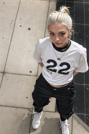 1girl, young pretty white girl, hot top model, long blonde hair, wearing a white oversize t shirt (t shirt only white color) and Acronym J36-S black pants and Acronym P30A-DS and black and white sneakers, piercings, in city, (((looking down at the camera))), (((top view))), instagram model, 80mm,urban techwear,weapon