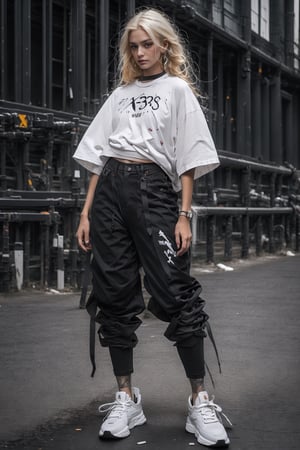 1girl, young white girl, hot top model, long blonde hair, wearing a white oversize t shirt (t shirt only white color) and Acronym J36-S black pants and Acronym P30A-DS and black and white sneakers, in city, instagram model, 80mm,urban techwear,weapon,midjourney
