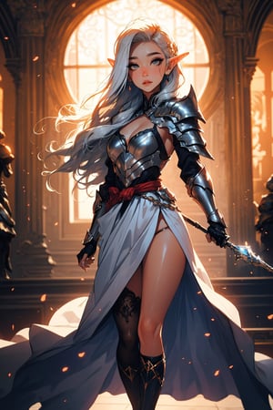 ((Masterpiece, best quality, ultra-detailed)), (detailed background), (pretty face), One female elf, beautiful sun light shining down on her, bright yellow eyes, light peach color skin, white_hair, straight_hair, hair passing waist, armor shoulder plates, chest armor plates slightly revealing cleavage, legs armor plates slightly revealing legs, one magical staff, full body stance, depth of view, (best shadow, best gray shader, ultra detailed), (detailed background), (beautiful detailed face, beautiful detailed eyes), High contrast, (best illumination, an extremely delicate and beautiful)