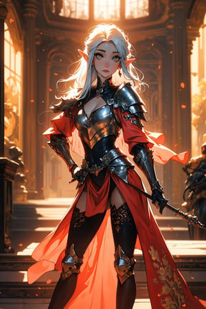 ((Masterpiece, best quality, ultra-detailed)), (detailed background), (pretty face), One female elf, beautiful sun light shining down on her, bright yellow eyes, light peach color skin, white_hair, straight_hair, hair passing waist, armor shoulder plates, chest armor plates slightly revealing cleavage, legs armor plates slightly revealing legs, one magical staff, full body stance, depth of view, (best shadow, best gray shader, ultra detailed), (detailed background), (beautiful detailed face, beautiful detailed eyes), High contrast, (best illumination, an extremely delicate and beautiful)